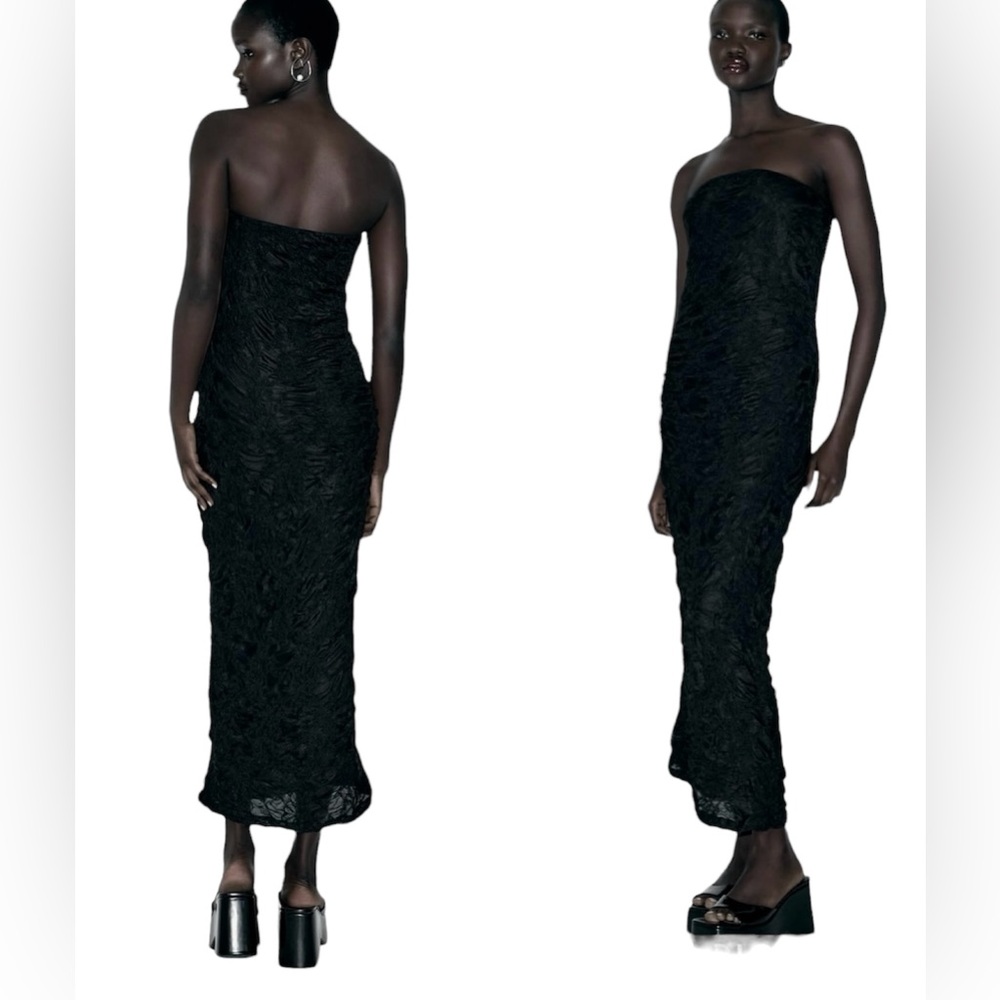 ZARA NWT Woman Black Strapless Printed Lace Fitted MIDI Tube Bodycon Dress